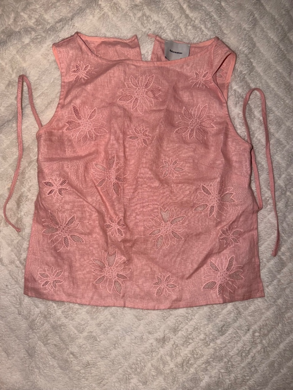 Reformation Pink Linen Floral Cutwork Embroidered Open Back Tie Top Size 0